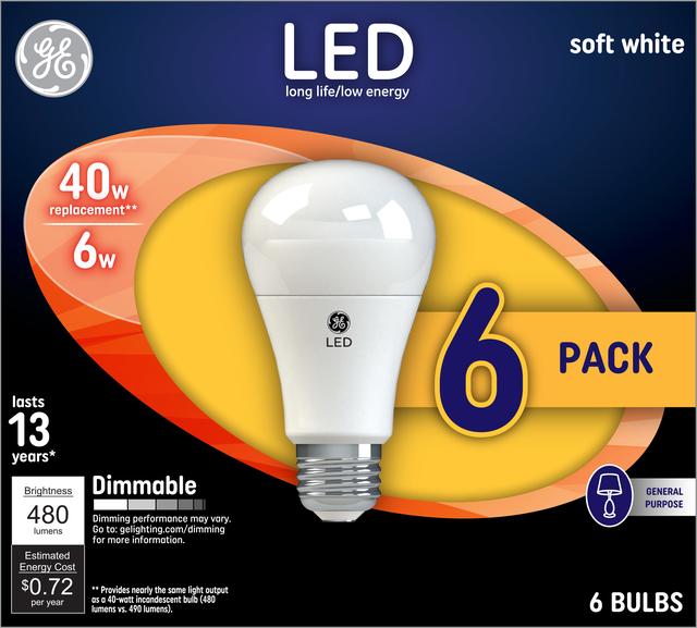 Front package of GE Soft White LED 40W Replacement General Purpose A19 Light Bulbs (6-Pack)