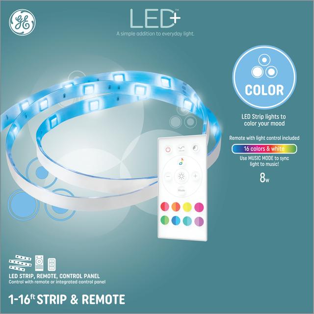 GE LED+ Full Color Strip Light, 8W, Remote and Control Panel (1Pack)