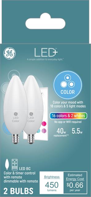 Front package of GE LED+ Color 40-Watt Replacement Decorative Candelabra Base LED Light Bulbs (2-Pack)