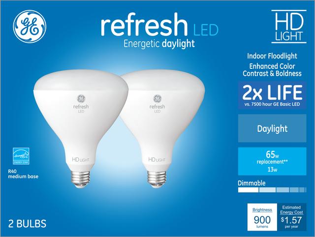 Front package of GE Refresh HD Daylight 85W Replacement LED Light Bulb Indoor Floodlight BR40