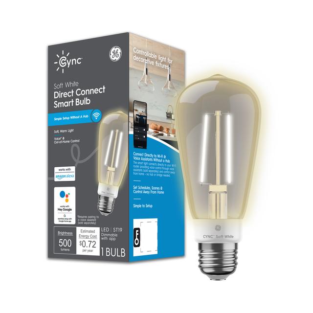 Front package of Cync Soft White Direct Connect Smart Bulb (1 LED ST19 Bulb), 60W Replacement, Bluetooth/Wifi Enabled, Works With Alexa, Google Assistant Without Hub