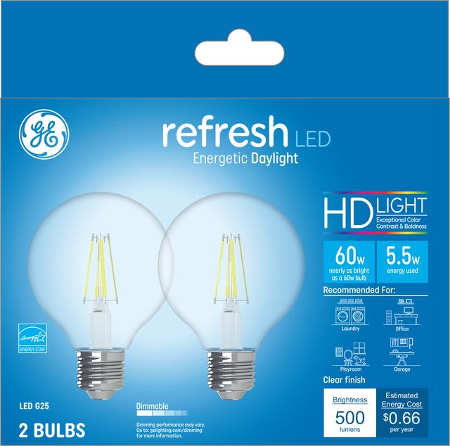 Front package of GE Refresh HD Daylight 60W Replacement LED Light Bulbs Decorative Clear Globe Medium Base G25 (2-Pack)