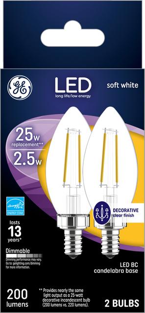 GE Soft White 25W Replacement Decorative Clear Bent Base CAC Light Bulbs (2-Pack)