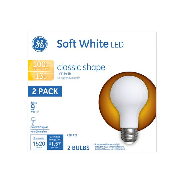 Front package of GE Soft White 100W Replacement LED Light Bulbs General Purpose A21 