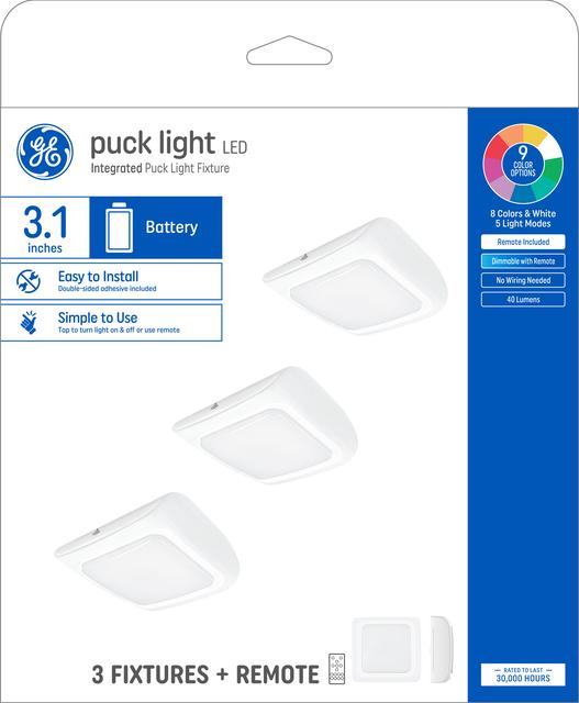 Front package of GE Battery-Powered Puck Lights LED Color-Changing 3.1in Fixtures with Remote (3-Pack)