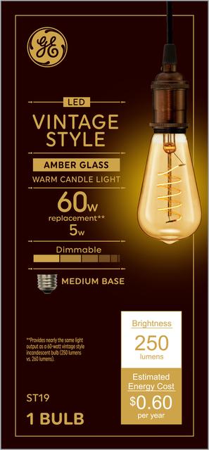 Front package of GE Vintage Warm Candlelight 60W Replacement LED Amber Finish Spiral Filament Decorative ST19 Light Bulb (1-Pack)