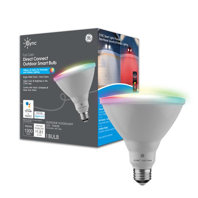 Front package of CYNC Full Color Direct Connect Outdoor Smart Bulb (1 LED PAR38 Bulb), 90W Replacement, Bluetooth/Wi-Fi Enabled, Works With Alexa, Google Assistant Without Hub