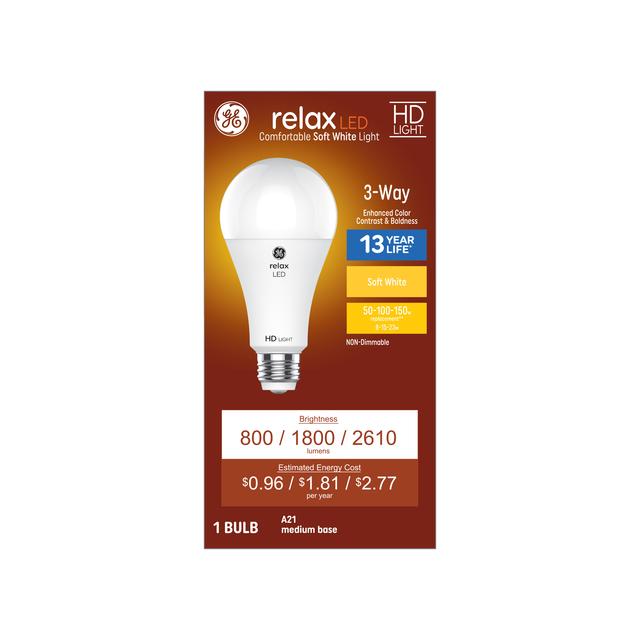Front package of GE Relax HD Soft White 150W Replacement LED Light Bulbs General Purpose A21