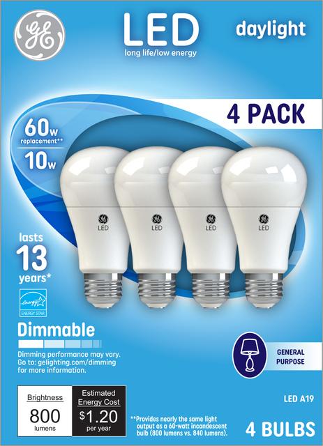 Front package of GE Daylight LED 60W Replacement General Purpose A19 Light Bulb (4-Pack)