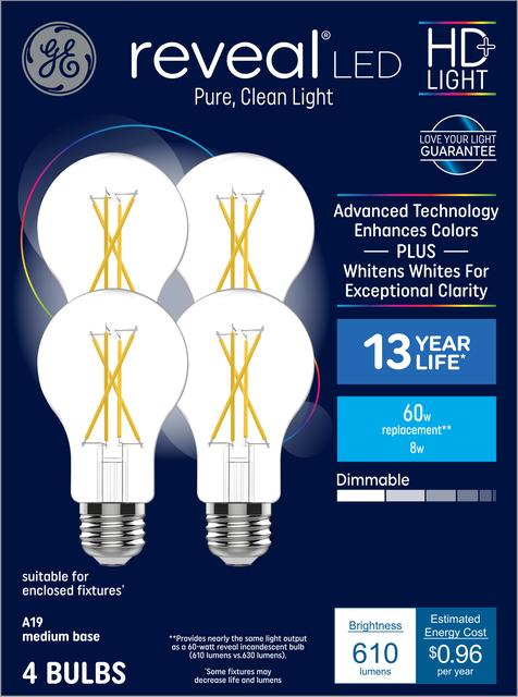 Front package of GE Lighting Reveal HD+ 60W Replacement LED A19 Light Bulbs (4-Pack)