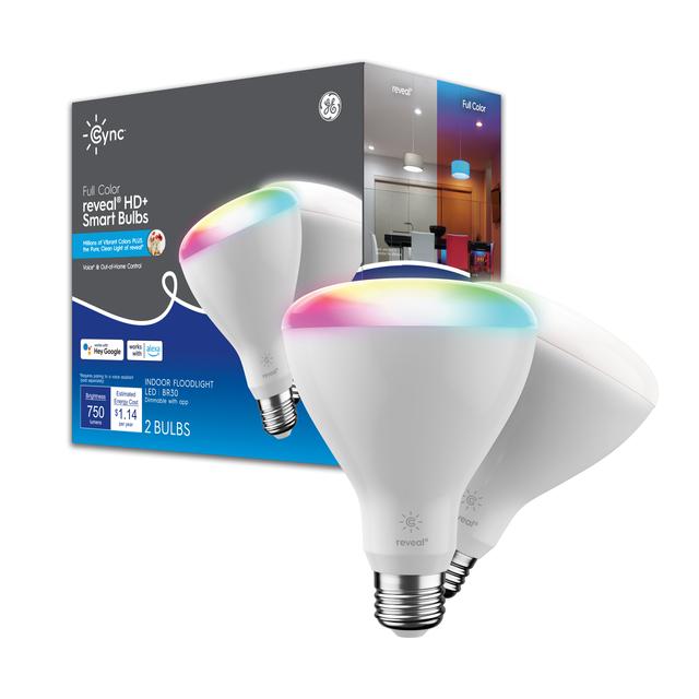 Front package of Cync Full Color reveal® Smart Bulbs (2 LED BR30 Bulbs), 65W Replacement, Bluetooth/Wifi Enabled, Works With Alexa, Google Assistant Without Hub