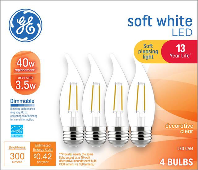 Front package of GE Soft White 40W Replacement LED Decorative Clear Bent Tip Medium Base CAM Light Bulbs