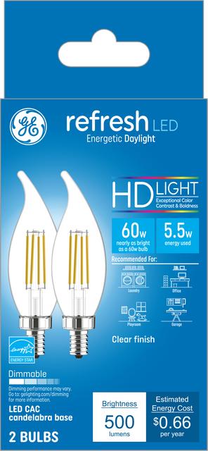 Front package of GE Refresh HD Daylight 60W Replacement LED Light Bulbs Decorative Clear Bent Tip Candelabra Base CAC  (2-Pack)