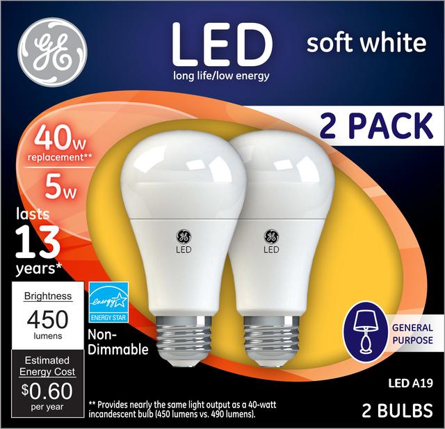 40-watt replacement GE Lighting 49687 Energy Smart CFL 11-Watt 2-Pack 450-Lumen A17 Light Bulb with Medium Base 