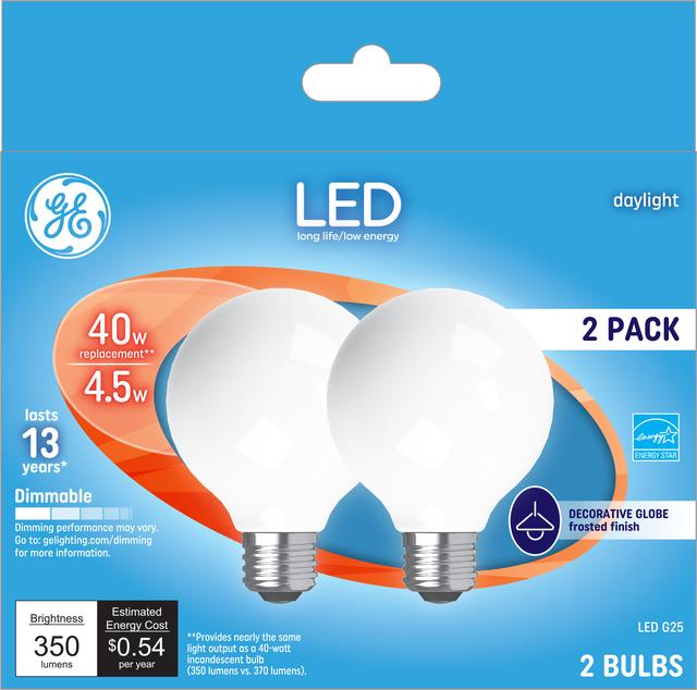 Front package of GE Daylight 40W Replacement LED Light Bulbs Decorative Globe Medium Base White G25  (2-Pack)