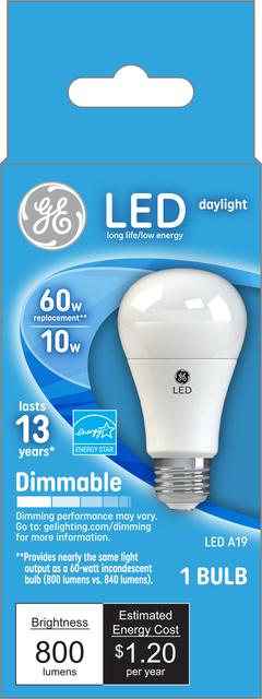 Front package of GE 60W Replacement Daylight Dimmable LED Light Bulb General Purpose A19 (1-Pack)