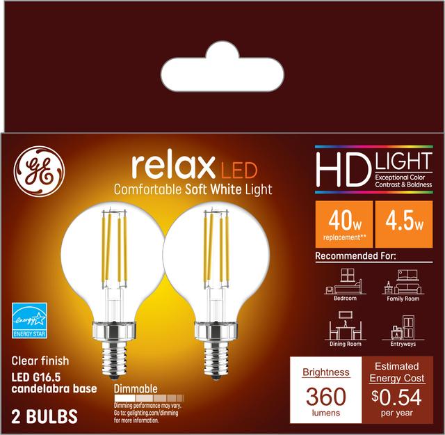 Front package of GE Relax HD Soft White 40W Replacement LED Light Bulbs Decorative Clear Globe Candelabra Base G16 (2-Pack)
