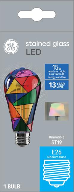 Front package of GE 25 Watt Replacement Stained Glass Decorative ST19 LED Light Bulb (1-Pack)