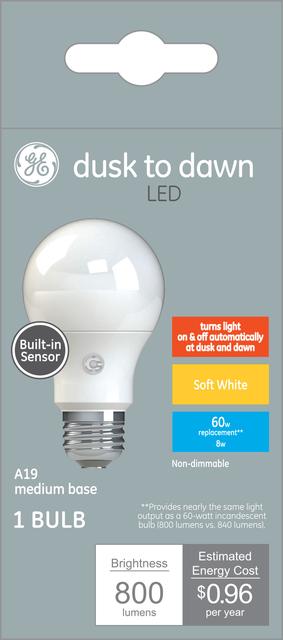 Front package of GE Dusk to Dawn Soft White LED 60W Replacement LED Light Bulbs General Purpose A19 (1-Pack)