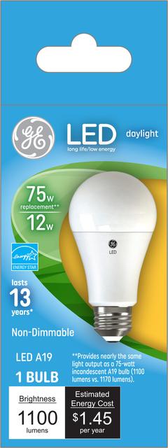 Front package of GE Daylight 75W Replacement LED General Purpose A19 Light Bulb