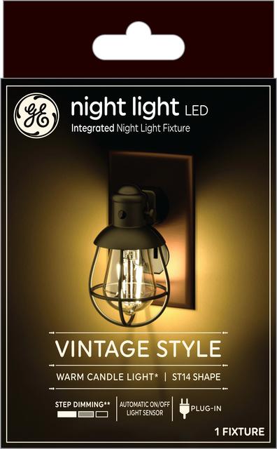 Front package of GE Night Light Vintage LED Warm Candlelight Decorative Farmhouse Plug-in Fixture (1-Pack)
