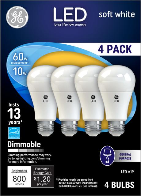 4 Bulbs per Pack 60 Watts GE General Purpose Soft White Incandescent Bulbs 