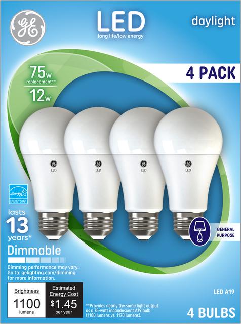 Front package of GE Daylight 75W Replacement LED Indoor General Purpose A19 Light Bulbs