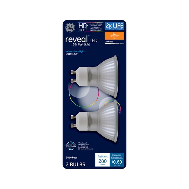 Front package of GE Reveal HD+ Color-Enhancing  50W Replacement LED Light Bulb Indoor MR16