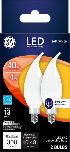 Front package of GE Soft White 40 Replacement LED Light Bulbs Decorative White Bent Tip Candelabra Base CAC (2-Pack)