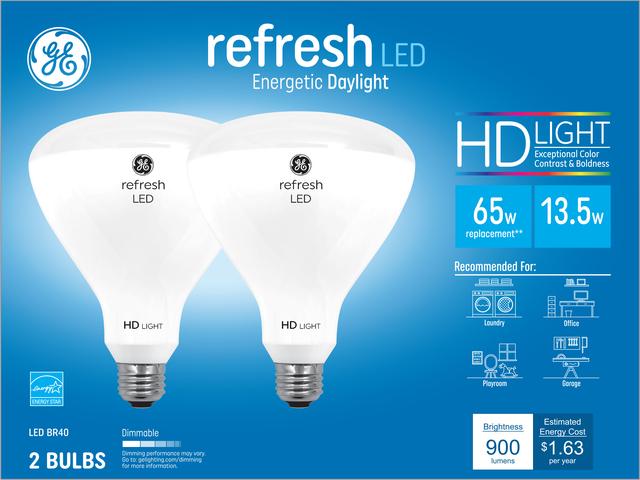Front package of GE Refresh HD Daylight 85W Replacement LED Light Bulbs Indoor Floodlight BR40 (2-Pack)