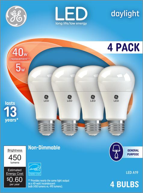 Front package of GE Daylight 40W Replacement LED Light Bulbs General Purpose A19  (4-Pack)