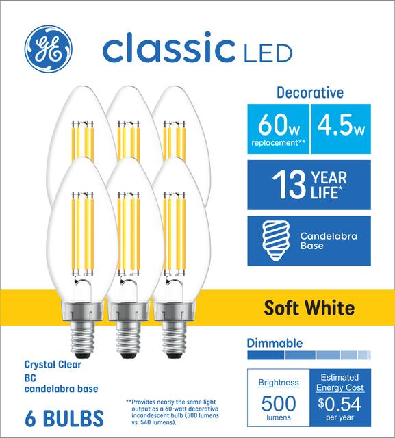 Front package of GE 60W Classic Soft White BC Candelabra Base 6-Pack