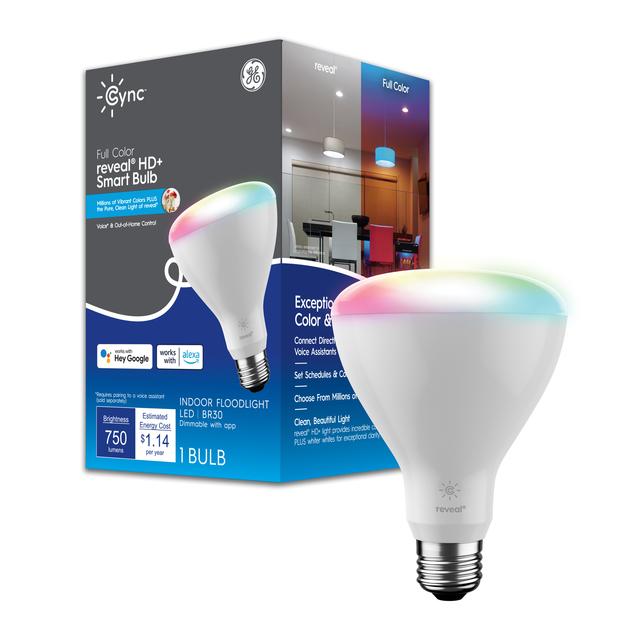 Front package of Cync Full Color reveal® Smart Bulb (1 LED BR30 Bulb), 65W Replacement, Bluetooth/Wifi Enabled, Works With Alexa, Google Assistant Without Hub