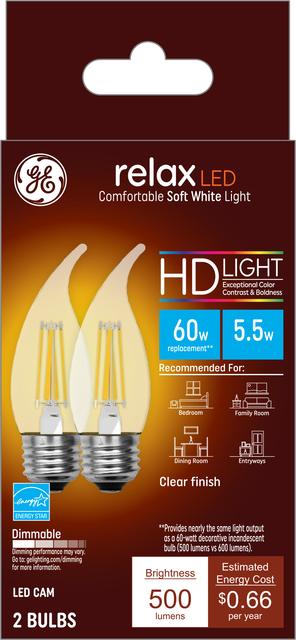Front package of GE Relax HD Soft White 60W Replacement LED Light Bulbs Decorative Bent Tip Medium Base CAM  (2-Pack)