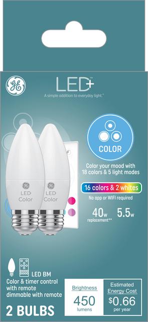 Front package of GE LED+ Color 40-Watt Replacement Decorative Medium Base LED Light Bulbs (2-Pack)
