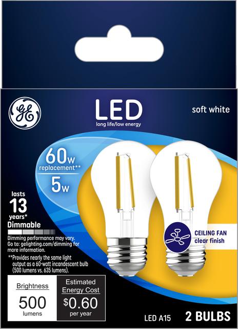 Front package of GE Soft White 60W Replacement LED Light Bulbs Clear Decorative Globe Medium Base G25 (2-Pack)