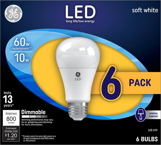 Front package of GE Soft White LED 60W Replacement General Purpose A19 Light Bulbs (6-Pack)