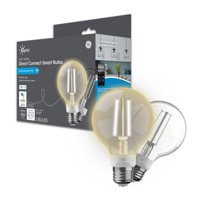 Front package of Cync Soft White Direct Connect Smart Bulbs (2 LED G25 Bulbs), 60W Replacement, Bluetooth/Wifi Enabled, Works With Alexa, Google Assistant Without Hub