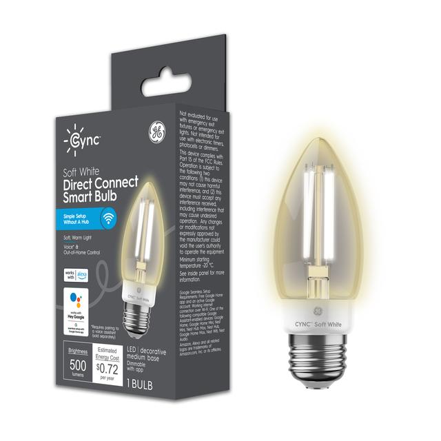 Front package of Cync Soft White Direct Connect Smart Bulb (1 LED Decorative Medium Base Bulb), 60W Replacement, Bluetooth/Wifi Enabled, Works With Alexa, Google Assistant Without Hub