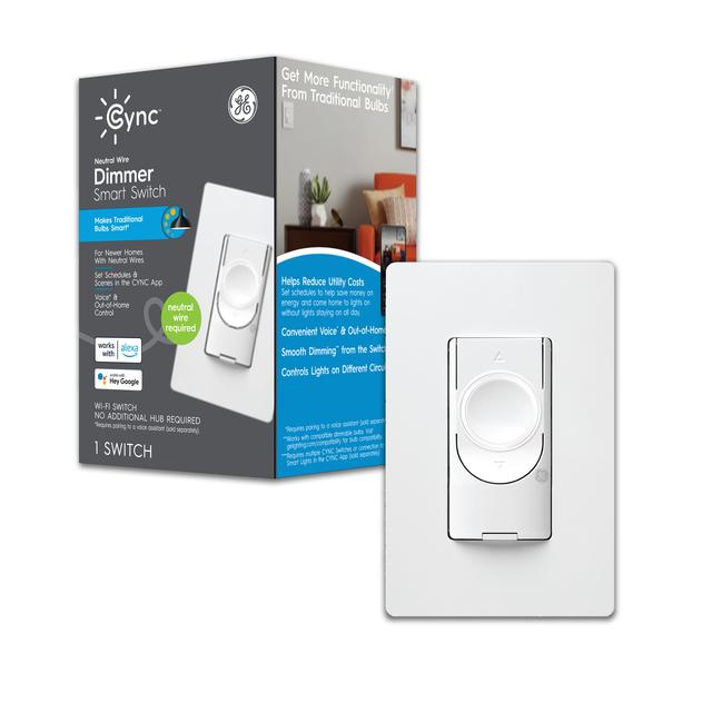 Front package of GE C by GE Dimmer Smart Switch, Neutral Wire Required, Bluetooth and 2.4 GHz WiFi, Alexa and Google Home Compatible without a Hub (Packaging May Vary)