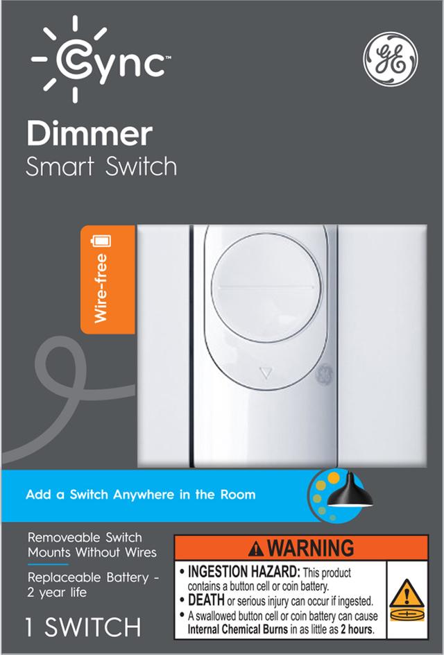 GE CYNC Smart Dimmer Light Switch, Wire-Free, Bluetooth and Wi-Fi Light Switch, White (1 Pack)