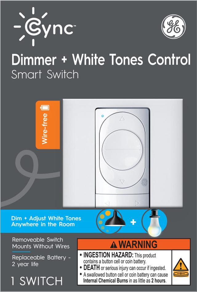 GE CYNC Smart Dimmer Light Switch, Wire-Free, Bluetooth and Wi-Fi Light Switch, White (1 Pack)